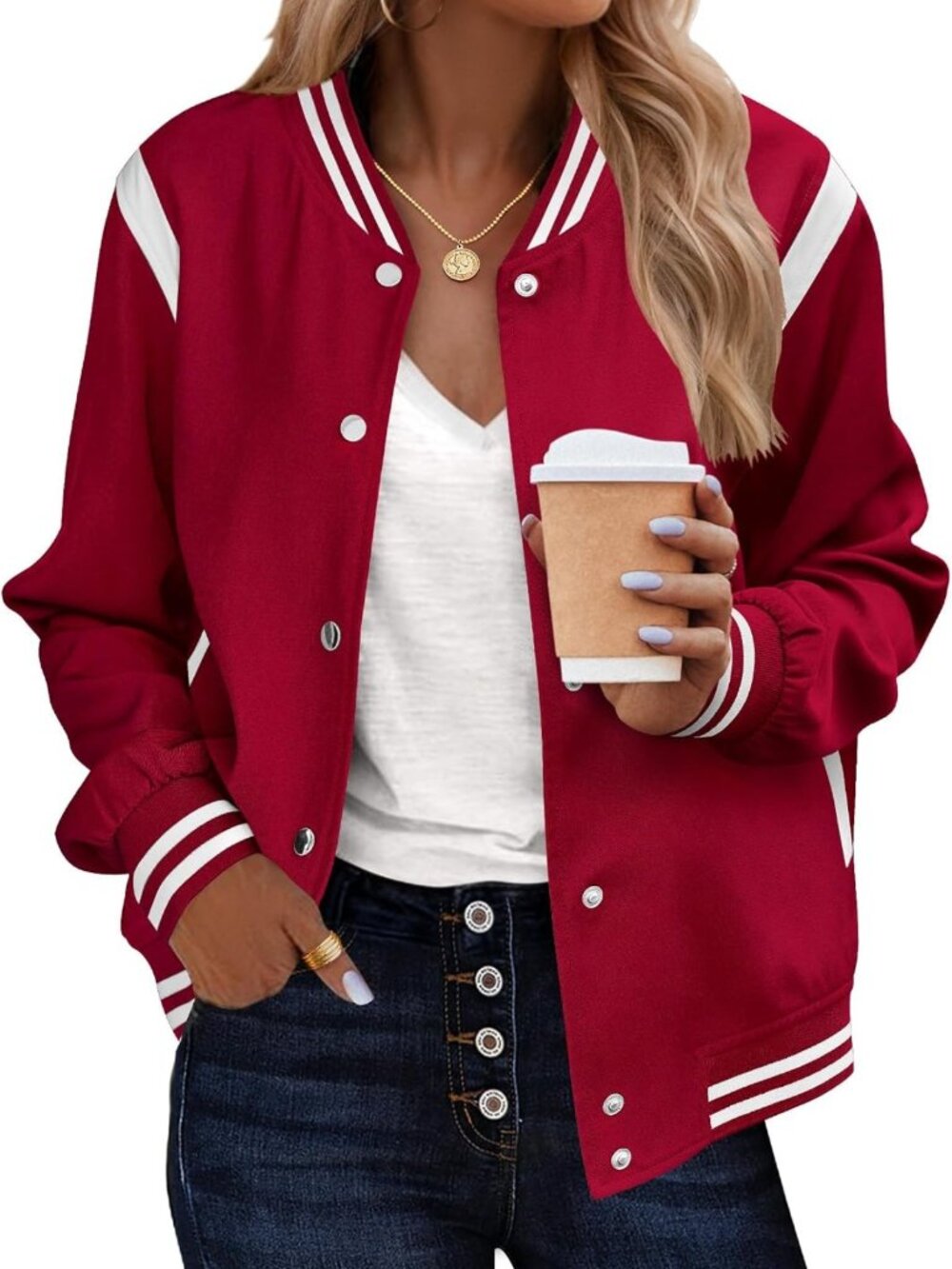 Stylish Women's Bomber Jacket - Casual Varsity Style, Button Down, Pockets